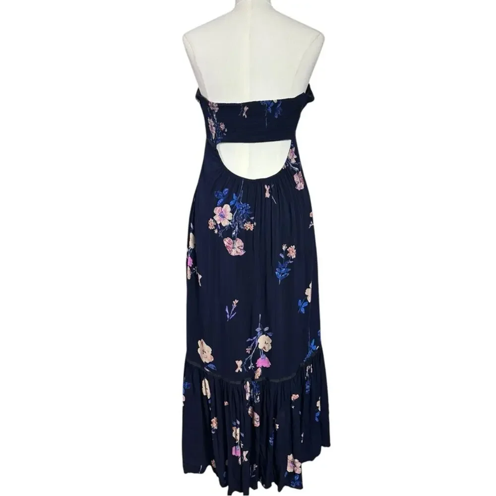 Free People Bohemian Rosie Posie Strapless Midi Dress Blue Floral Size Small